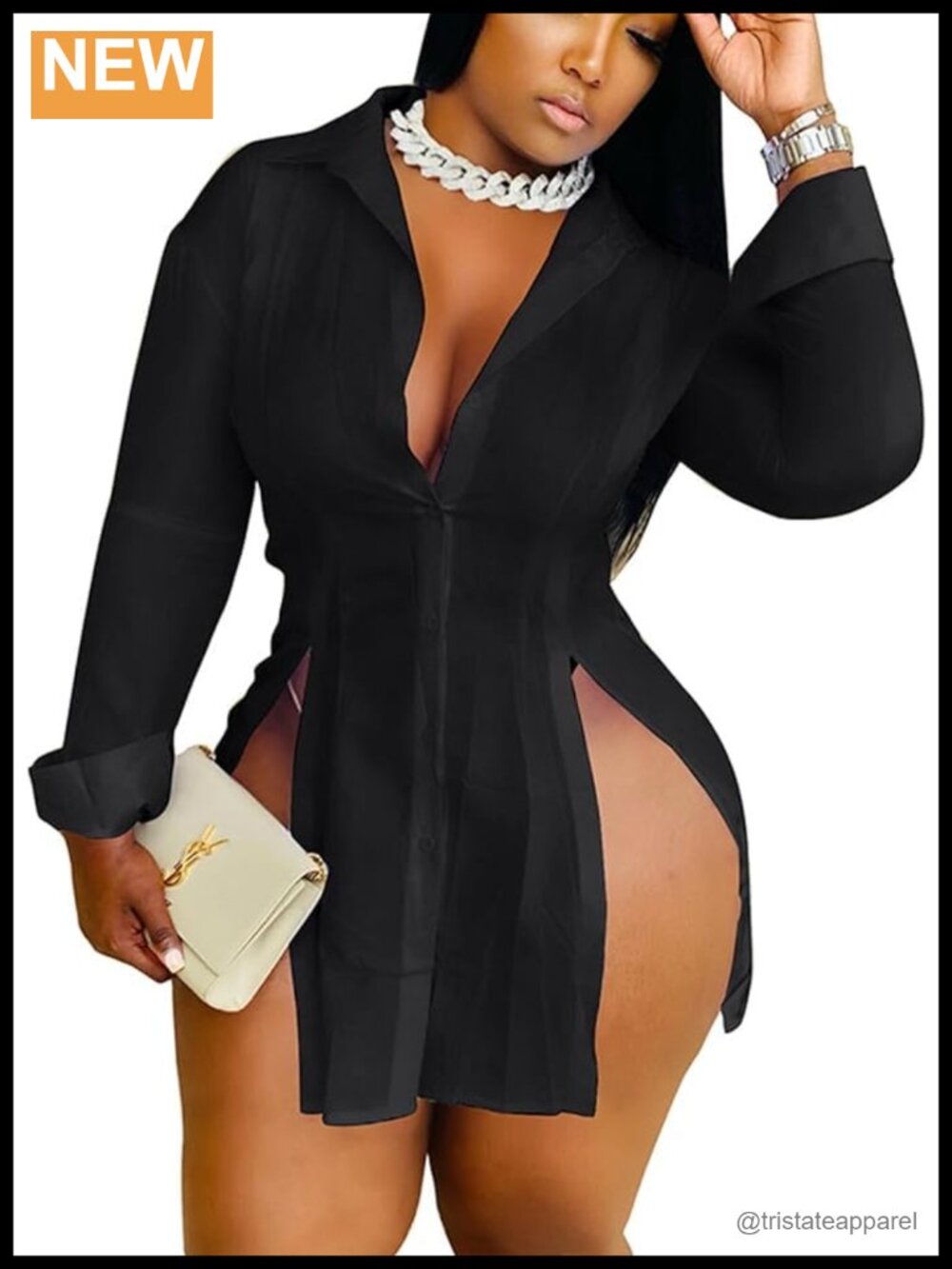 Women's Long Sleeve Side Split Blouse Button Down V Neck Sexy Top